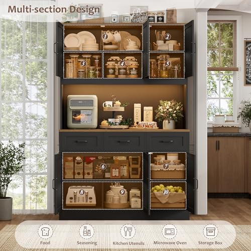 HOSTACK Kitchen Pantry Cabinet, Tall Kitchen Hutch Cabinet, Black/Brown | 47"W Food Pantry Cabinet with Smart LED / Charging Station / Countertop / 3 Large Drawers, 72"H Storage Hutch for Dining Room - color: Black/Rustic Brown
