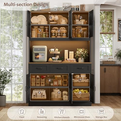 HOSTACK Kitchen Pantry Cabinet, Tall Kitchen Hutch Cabinet, Black/Brown | 47"W Food Pantry Cabinet with Smart LED / Charging Station / Countertop / 3 Large Drawers, 72"H Storage Hutch for Dining Room - color: Black/Rustic Brown