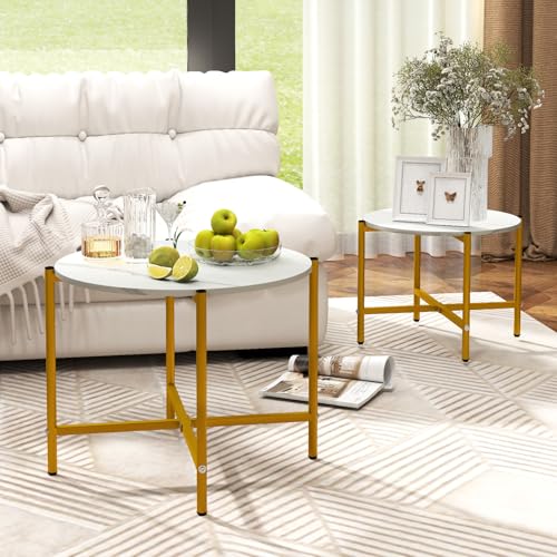 GOFLAME Nesting Coffee Table Set of 2, Round Coffee Tables with Wood Tabletop & Heavy-Duty Metal Frame, Modern Circle End Table & Side Tables, Nesting Tables for Living Room, Bedroom (White) - color: White