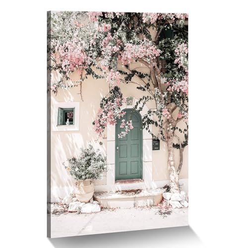 Minimalist Landscape Canvas Wall Art: Modern Greece Island City Picture Relaxing Blooming Pink Flowers Painting Warm Green Door Building Prints Calming Town Scenery Artwork for Bedroom - color: Green Door, size: 24"L x 16"W