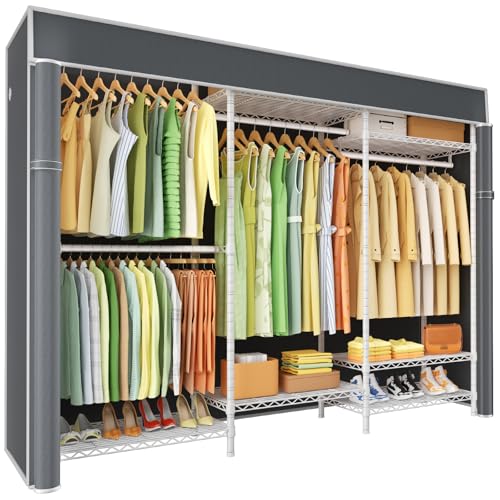 E13C Heavy Duty Closet Organizer System，Freestanding Clothing Racks for Hanging Clothes，Adjustable Garment Rack 63" W x 16" D x 77" H Hold 960 lbs，White Clothing Rack with Grey Dustproof Cover - color: White Rack with Grey Cover, size: E13C