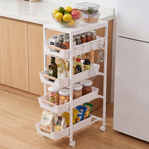 5 Tier Slim Rolling Storage Cart with Pull-Out Drawers, White | Narrow Utility Organizer Cart, Wooden Top, Wheels, For Small Spaces, Kitchen, Bathroom, Laundry Room - color: White