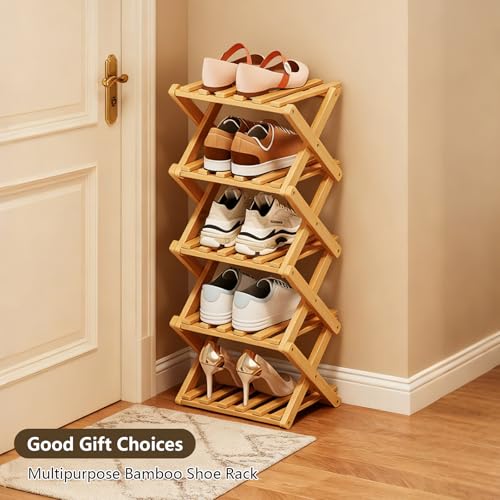 Bamboo Shoe Rack, Portable Folding Storage, No Installation, 5 Tier Stand | Free Standing, Space Saving Design, Easy To Move, Ideal For Entryway, Closet, Dorm - size: 5 Tier