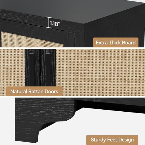 Rattan Sideboard Cabinet, 4-Door Buffet Storage for Entryway Living Room | Adjustable shelves and compartments organize shoes, decor, tableware, and essentials for apartments, homes, & family spaces.