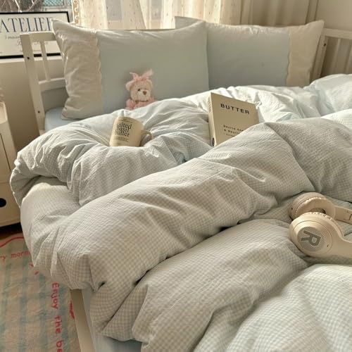 MKXI Blue Gingham Duvet Cover Set Twin Size - Delicate White Lace Trimmed Soft Washed Microfiber Bedding Set, Vintage Cottagecore Style for Girls & Teens, 3-Piece with Zipper Closure - color: 000 Lace- Blue Gingham, size: Twin