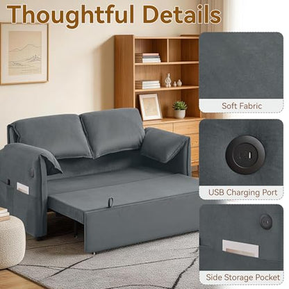 63" 3-in-1 Velvet Convertible Sleeper Sofa Bed, Modern Adjustable Backrest Loveseat Pull Out Couch with USB & Side Pocket, Small Space Love Seat Sofa Bed for Living Room, Bedroom, Grey Velvet - color: Grey