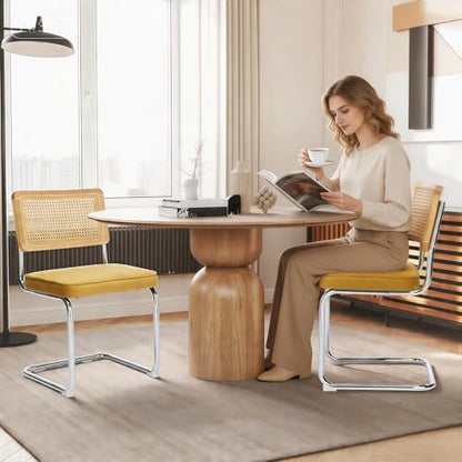 Rattan Dining Chairs Set of 6,Velvet Cesca Chair Kitchen Chair,Gold | VICBARLEY Mid Century Modern Dining Chairs,Wood Cane Backrest&Chrome Base,Upholstered Side Chair for Dining Room,Kitchen - color: Gold, size: Set of 6