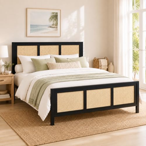 IMMERSTABLE Rattan Queen Bed Frame with Headboard and Footboard, Boho Metal Platform Bed Frame Queen Size with 13.8 in Under Bed Storage, Heavy Duty Metal Slat Support, No Box Spring Needed, Black - color: Black, size: Queen