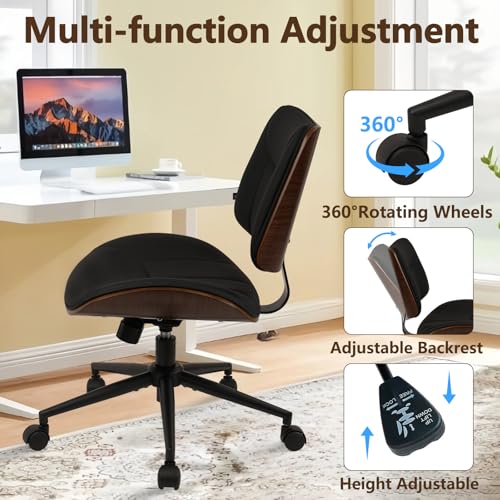 CLATINA Office Chair Armless with Wheels, Mid-Century Modern Walnut Desk Chair, Adjustable Height Reading Chair, PU Leather Mid Back & Swivel Computer Chairs for Home Meeting Room Bedroom, Black(2 PK) - color: Black Linear, size: 2 Pack