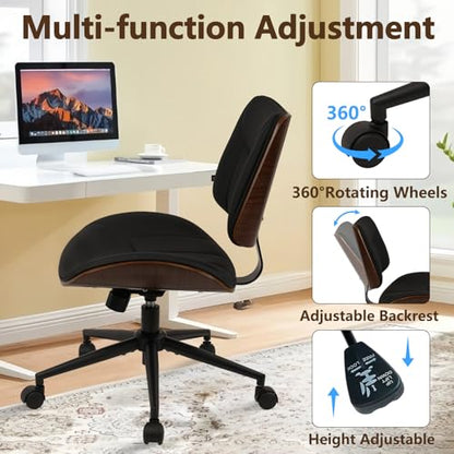 CLATINA Office Chair Armless with Wheels, Mid-Century Modern Walnut Desk Chair, Adjustable Height Reading Chair, PU Leather Mid Back & Swivel Computer Chairs for Home Meeting Room Bedroom, Black(2 PK) - color: Black Linear, size: 2 Pack