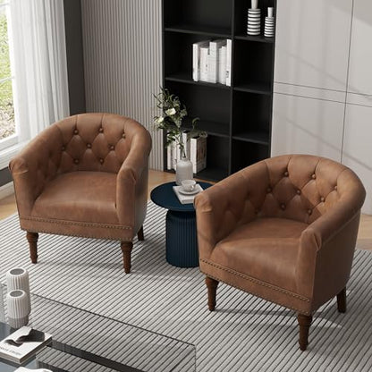 PU Leather Barrel Accent Chair, Modern Upholstered Club Chair, Brown | Comfy Living Room Chair, Nailed Trim Barrel Arm Chair Bedroom Reading Seat | 27"D x 30"W x 30"H - color: Tan