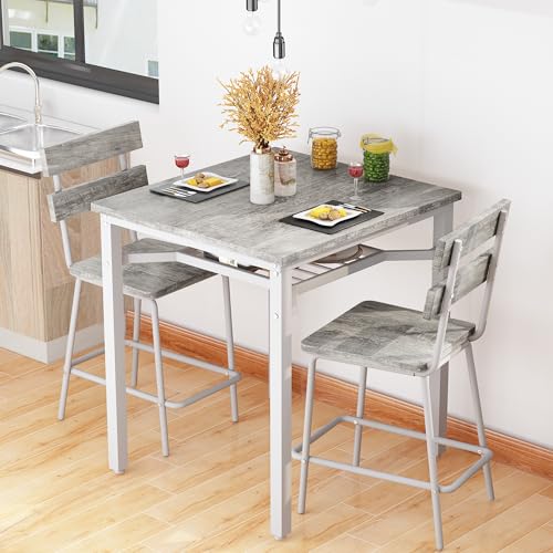 Hooseng 3 Piece Bar Table and Chairs Set, Counter Height Small Dining Table with 2 Bar Stools, Farmhouse Square Kitchen Table with Storage for Bistro, Pub, Small Space - color: Grey