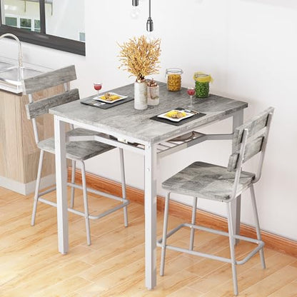 Hooseng 3 Piece Bar Table and Chairs Set, Counter Height Small Dining Table with 2 Bar Stools, Farmhouse Square Kitchen Table with Storage for Bistro, Pub, Small Space - color: Grey