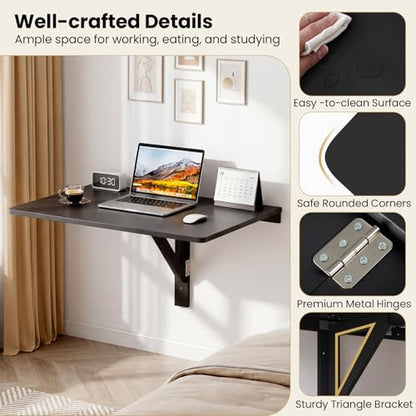 KOTEK Wall Mounted Folding Table, Floating Desk for Wall (Black) | Spacious Surface, Space-Saving , for Home Office, Bedroom, Laundry Room, Balcony & Small Spaces, Easy Assembly - color: Black