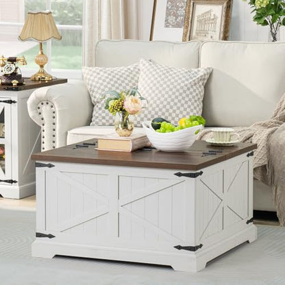 Joaxswe Farmhouse Coffee Table with Large Hidden Storage Compartment, Antique White Square Center Table, Wood Rustic Low Modern Living Room Tables with Hinged Lift Brown Top & Wooden Arc Base - color: White, style: With Base
