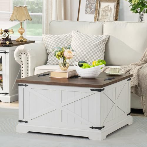 Joaxswe Farmhouse Coffee Table with Large Hidden Storage Compartment, Antique White Square Center Table, Wood Rustic Low Modern Living Room Tables with Hinged Lift Brown Top & Wooden Arc Base - color: White, style: With Base