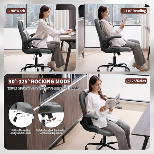 PU Leather Office Chair Swivel Lumbar Support for Short People Grey | Executive Office Chair PU,Leather Office Chair with Wheels,360° Swivel Rolling Chair with Padded Arm,Ergonomic Computer Chair - color: Grey