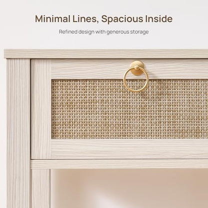 SICOTAS White Rattan Nightstand Set of 2 with Storage Shelf, Bedside Tables | Night Stand Set of 2 with Rattan Drawer, Boho End Tables with Storage for Bedroom, Guest Room, Apartment, and Small Spaces - color: White Cream
