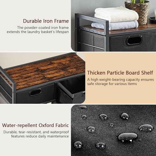 Zevemomo Large Rustic Brown & Black Laundry Basket with Wheels, 3 Compartments, 60L Capacity, Floor Mount, Laundry Room & Bathroom