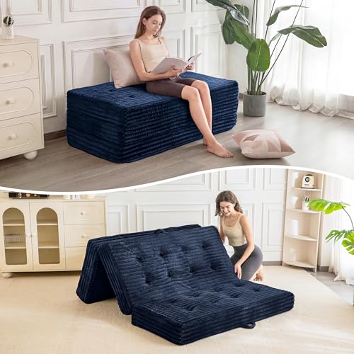 MAXYOYO Folding Sofa Couch Bed, 6 Inch Tri-Fold Floor Sofa Bed, Folding Mattress with Handles, Soft Faux Fur Folding Bed with Supportive Foam Filling, Portable Couch for Living Room, Queen, Navy - color: Navy, size: Queen