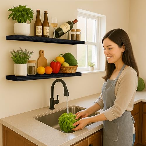 BGMG Wood Floating Shelves 36 inch Long,Wide Rustic Wooden Wall Shelves for Bathroom Living Room Bedroom Kitchen Farmhouse Set of 2-36x6.7x1.25 inch-Black - color: Black, size: 36 inch