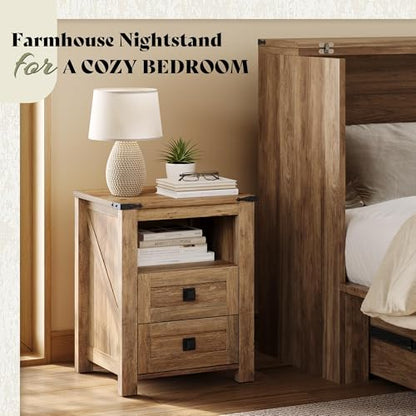 AMERLIFE Farmhouse Wood Nightstand Set of 2, End Table with Drawers, Brown | Narrow/Small 18" Bedside Table with Open Shelf, Wooden Night Stand for Bedroom/Home Office, Rustic Honey Brown - color: Honey Brown