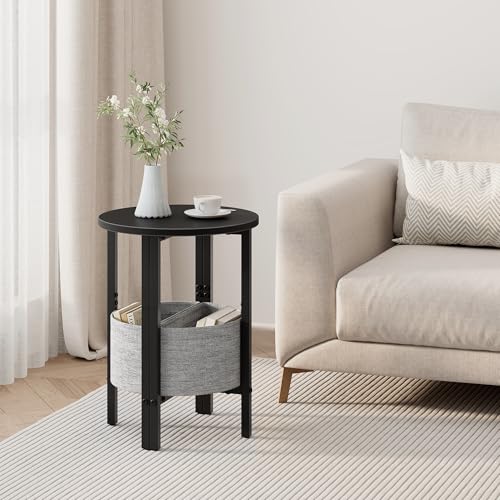 Small Round Side Table End Table, Tall Accent Table with Storage Basket, Set of 2 Half Round Tables Half Moon Tables, Coffee Bedside Tables, Modern Nightstand for Living Room Bedroom, Black - color: Black