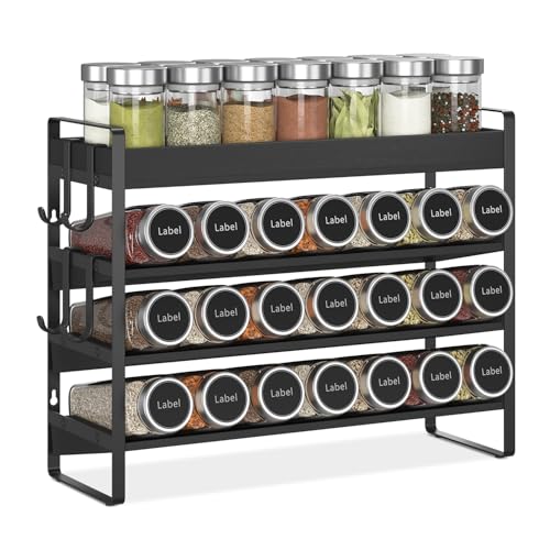EsLuker.ly Spice Seasoning Rack Organizer Kitchen Countertop, 4 Tier Bamboo | Shelf Holder Storage with 4 Hooks, Wall Mounted Freestanding Stand for Pantry, Quick Spice Access(Jars Not Included), Black - color: Black+Black