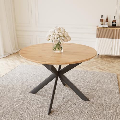 HIPIHOM 43.2"-59.1" Extendable Round Dining Table | Mid century modern oak finish, MDF board, space saving design, for 4-6 person, kitchen & coffee table - color: Oak Table, size: Oak Table
