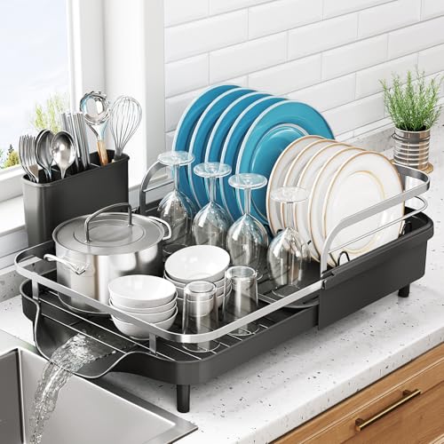 SNTD Expandable Dish Drying Rack for Kitchen Counter, 15.2-22.1 in, Black | Rust-Resistant Stainless Steel, Protective Side Rails, Self-Draining Drainboard, Removable Utensil Holder - color: Black