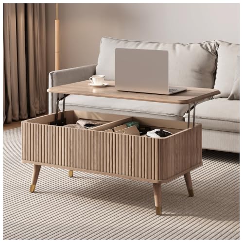 JOINICE 38" Lift Top Coffee Table with Storage for Living Room,Oak | Large Hidden Storage,Natural Boho Style,Fluted Rectangle Center Table with Wooden Legs,Lifts to 23",Holds 88lbs,Easy Assembly - color: Oak_rectangle