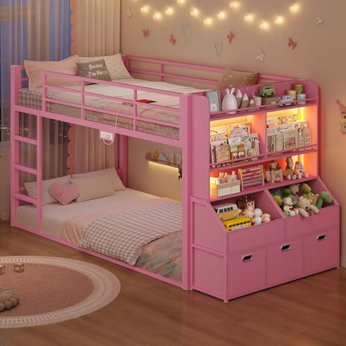 ADORNEVE Low Bunk Bed Twin Over Twin with Bookshelf, Storge Drawer, Pink | Metal Floor Bunk Bed with RGB Lights, Charging Station & Toy Organizer, Safety Guardrail & Ladder, Small Space Kids Bedroom - color: Pink