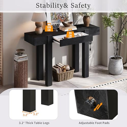 Rustic Console Table with Hidden Drawer, Wooden Sofa Table Behind Couch | Side Power Outlet,for Entryways, Living Room, Foyer, Black - color: Black