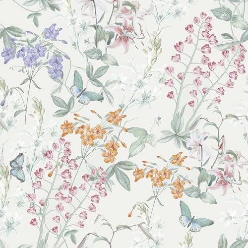 362"x17.3" Floral Wallpaper Beige Peel and Stick Wallpaper Cream Neutral Boho Contact Paper Botanical Wildflower Morden Cottage Renter Friendly Bathroom Flower Kitchen Self Adhesive Vinyl Roll - color: Flutter Beige, size: 17.3" x 360"