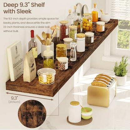 Vivelove Floating Shelves 9 inch Deep 48”Long Set of 2, Rustic Brown | Easy Install With Hardware, 1.5" Thick, Invisible Brackets, Wall Mounted, No Sagging, For Any Room - color: Rustic Brown, size: 48”wx9.3”dx1.5”h