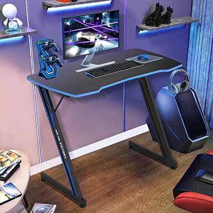 Dkelincs Gaming Desk 39.4 inch Z-Shaped Computer Desk PC Computer Table Home Office Desk Ergonomic Gamer Workstation with Headphone Hook, Blue - color: Blue, size: 39 Inch