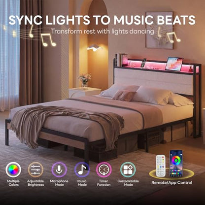 LIKIMIO Queen Bed Frame with Headboard, LED Lights and Charging Station - color: Natural and Cream, size: Queen