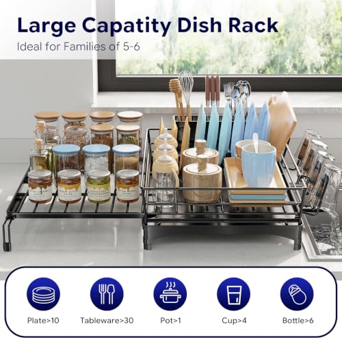 Simple Trending Dish Drying Rack - Expandable Dish Rack for Kitchen Counter, Large Capacity Dish Drainer, Stainless Steel Dish Strainer with Utensil & Cup Holders, Black - size: 21.71"D x 17"W x 6"H