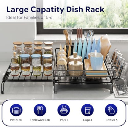 Simple Trending Dish Drying Rack - Expandable Dish Rack for Kitchen Counter, Large Capacity Dish Drainer, Stainless Steel Dish Strainer with Utensil & Cup Holders, Black - size: 21.71"D x 17"W x 6"H