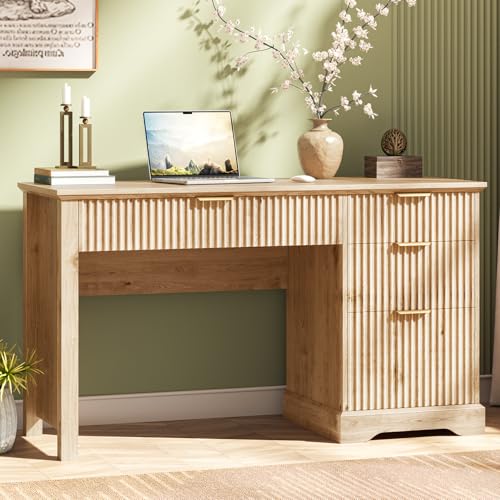 Vabches Fluted Executive Desk with Drawers, Wood Computer Desk with Ample File Drawer, Home Office Desk with Storage for Study, Bedroom, Living Room, Oak - color: Oak, size: 47.24"W x 19.69"D x 30.83"H