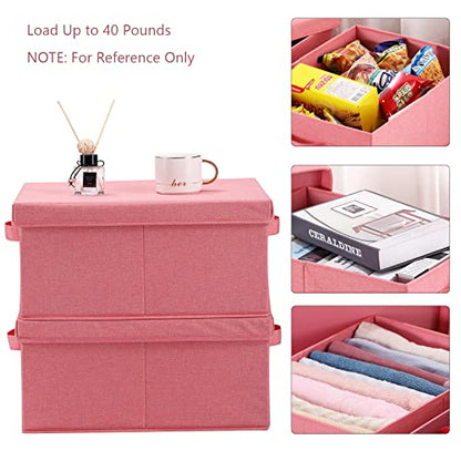 HOONEX Linen Foldable Storage Bins with Lids, 2 Pack, Storage Boxes with Carrying Handles and Sturdy Heavy Cardboard, 16.5" L x 11.8" W x 7.5" H for Shoes, Books, Clothes, Nursery, Pink - color: Pink