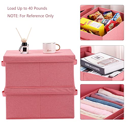 HOONEX Linen Foldable Storage Bins with Lids, 2 Pack, Storage Boxes with Carrying Handles and Sturdy Heavy Cardboard, 16.5" L x 11.8" W x 7.5" H for Shoes, Books, Clothes, Nursery, Pink - color: Pink