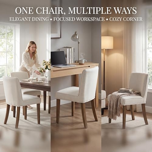 Mid-Century Dining Chairs Set of 4, Linen Fabric Solid White Kitchen Chairs with Walnut Wood Leg Cushioned Back Modern Rustic Side Chairs for Living Room/Kitchen/Dining/Restaurant - color: Linen- White, size: 4 Chairs