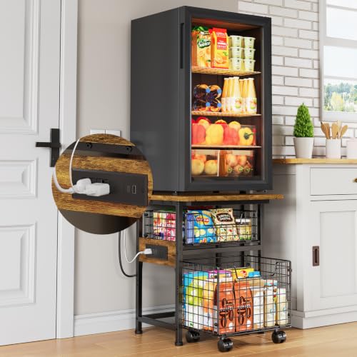 Mini Fridge Stand with Storage and Power Outlet, Small Refrigerator Stand | Mini Fridge Shelf with 2 Drawers -Max Load 300 LBS Heavy Microwave Stand Mini Fridge Cart for Dorm, Apartment, Kitchen - color: Brown-power Outlet