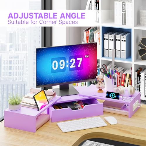 Dual Monitor Stand with USB Ports Wood Monitor Stand Riser with Drawer | Adjustable Desk Shelf,Desk Organizer for Computer,Laptop,Study&Office,No Assembly Required,Pink