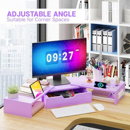 Dual Monitor Stand with USB Ports Wood Monitor Stand Riser with Drawer | Adjustable Desk Shelf,Desk Organizer for Computer,Laptop,Study&Office,No Assembly Required,Pink