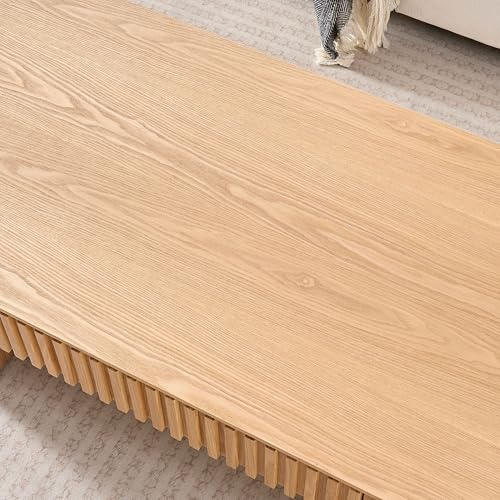 51.18'' Oval Wood Coffee Table with Drawer, Centre Table Tea Table Fluted Coffee Table Mid Century Modern Round Coffee Table Unique for Living Room Apartment-Oak - color: Oak, size: 51.18"x23.62"x14.56"