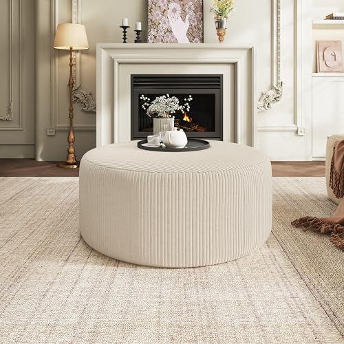 Christopher Knight Home GAVI 30" Ottoman Foot Stool, Corduroy Pouf Footstool Ottoman Seat, Upholstered Foot Chair, Round Footrest, Modern Side Table for Living Room Bedroom Home Decor, Beige - color: Beige, Corduroy