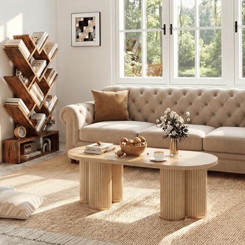 Oval Fluted Coffee Tables for Living Room, 47" Wood Coffee Table,Oak - color: Oak