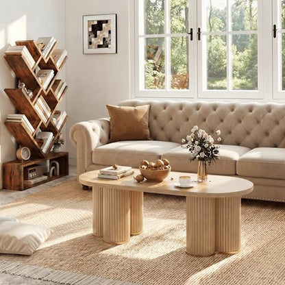 Oval Fluted Coffee Tables for Living Room, 47" Wood Coffee Table,Oak - color: Oak